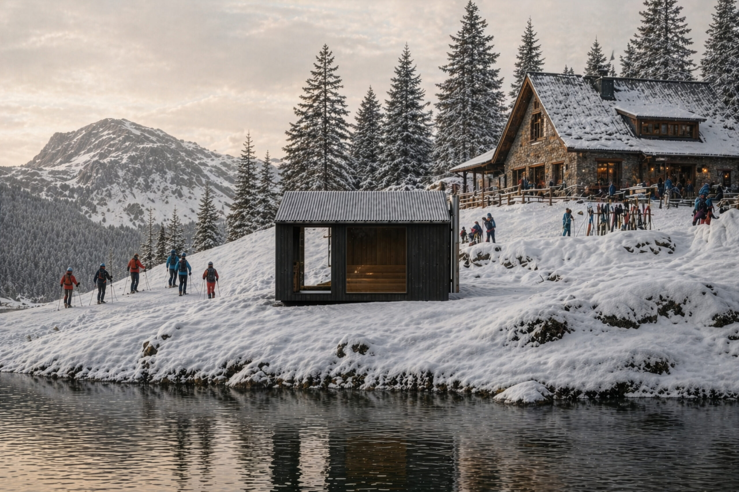 Render della sauna sull'argine di un lago in inverno con dei turisti vicino a un rifugio