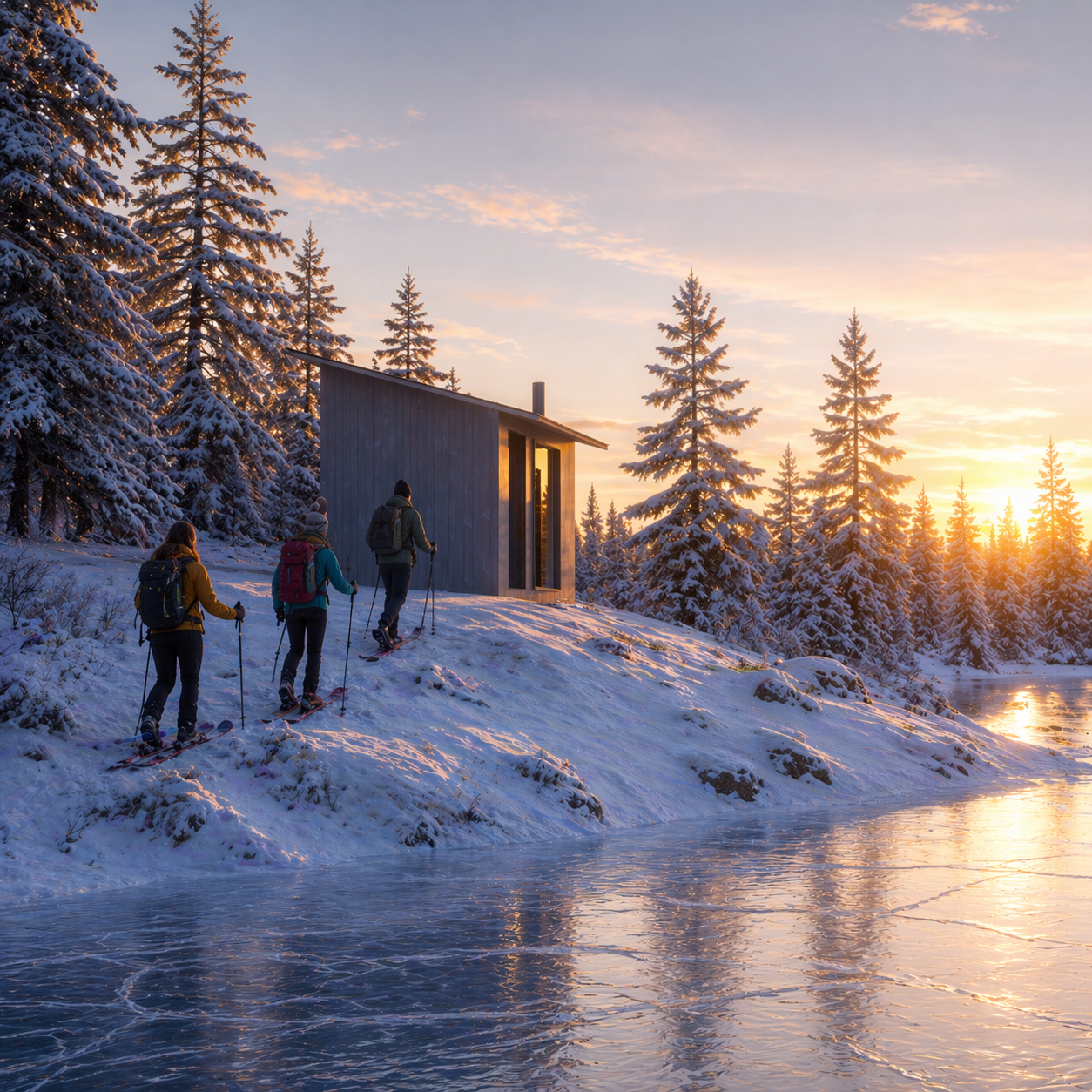 Render della sauna sull'argine di un lago in inverno con degli sci alpinisti che la stanno raggiungendo as tramonto