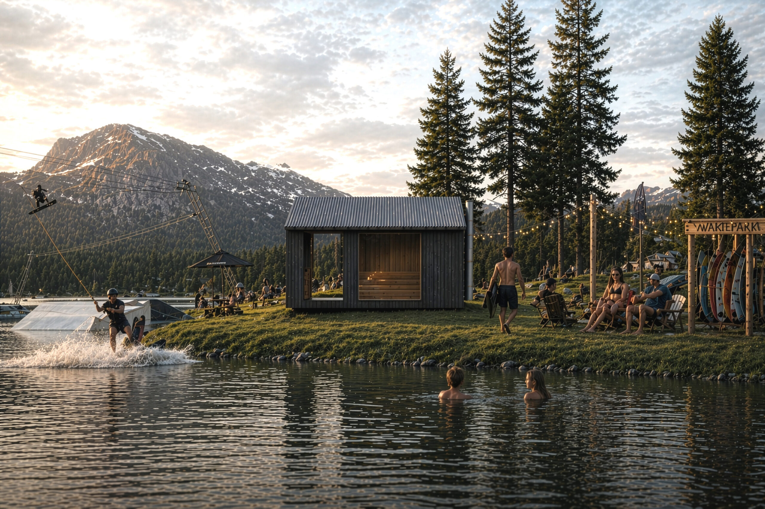Render della sauna sull'argine di un lago con dei turisti che fanno varie attività attorno e nel lago (bagno, wakeboard, prendono il sole)